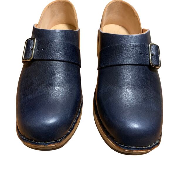 Multnomah Leather Shop Custom Navy Blue Leather Vibram Wooden Clogs Size 8.5/9 - Picture 2 of 8